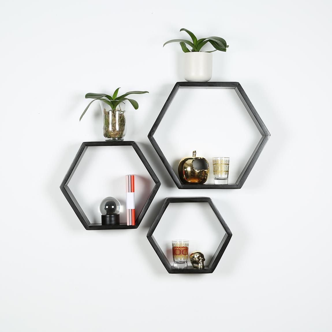 Hexagon Shelf Set Of 3 – Black B&k Design And Decor Inside Hexagons Wood Wall Art (Photo 6 of 15)