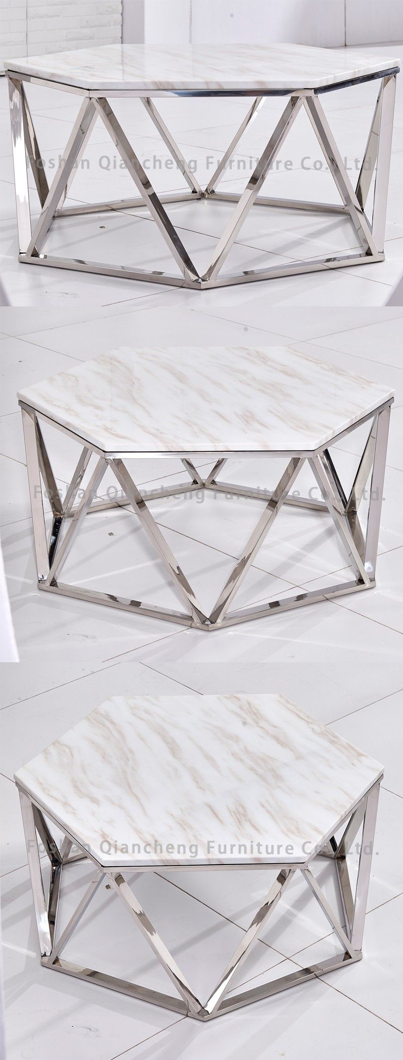 Hexagon White Marble Top Coffee Table For Living Room With White Grained Wood Hexagonal Coffee Tables (View 10 of 15)