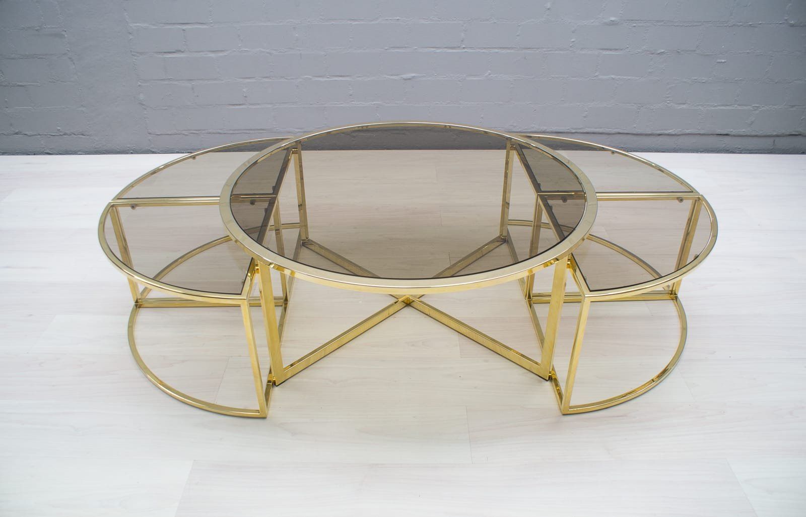 Hollywood Regency Brass & Smoked Glass Nesting Coffee Inside Antique Gold Nesting Coffee Tables (Photo 4 of 15)