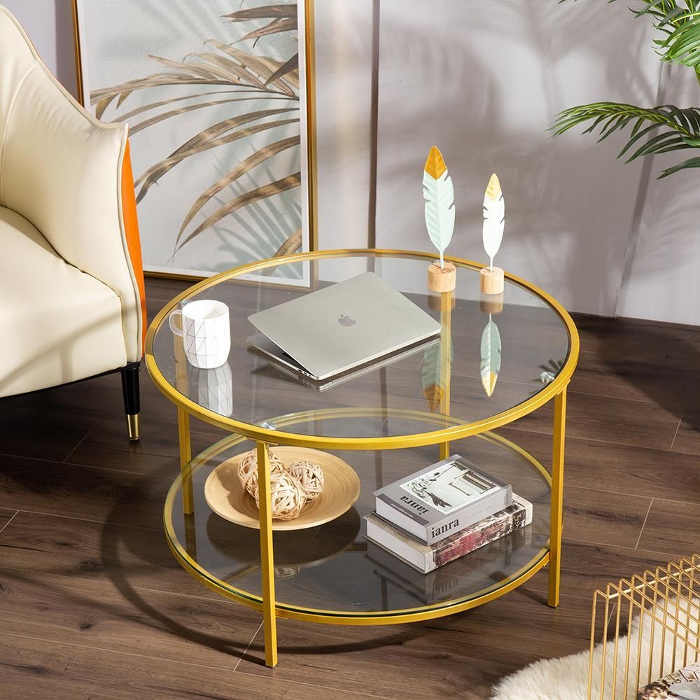 Home Office Glass Coffee Table Round W/ Shelf Leg Living With Regard To Geometric Glass Top Gold Coffee Tables (View 5 of 15)