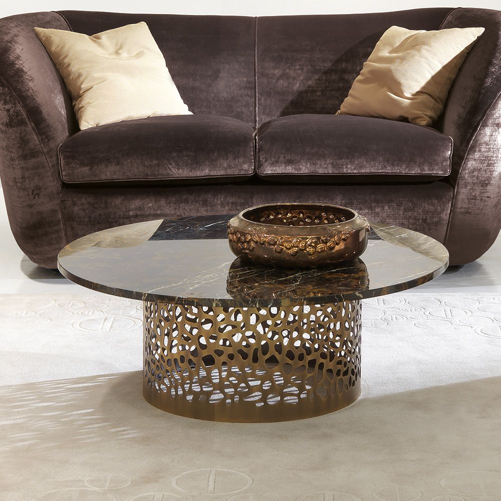 Italian Laser Cut Bronzed Metal Round Marble Coffee Table In Black Metal And Marble Coffee Tables (View 15 of 15)