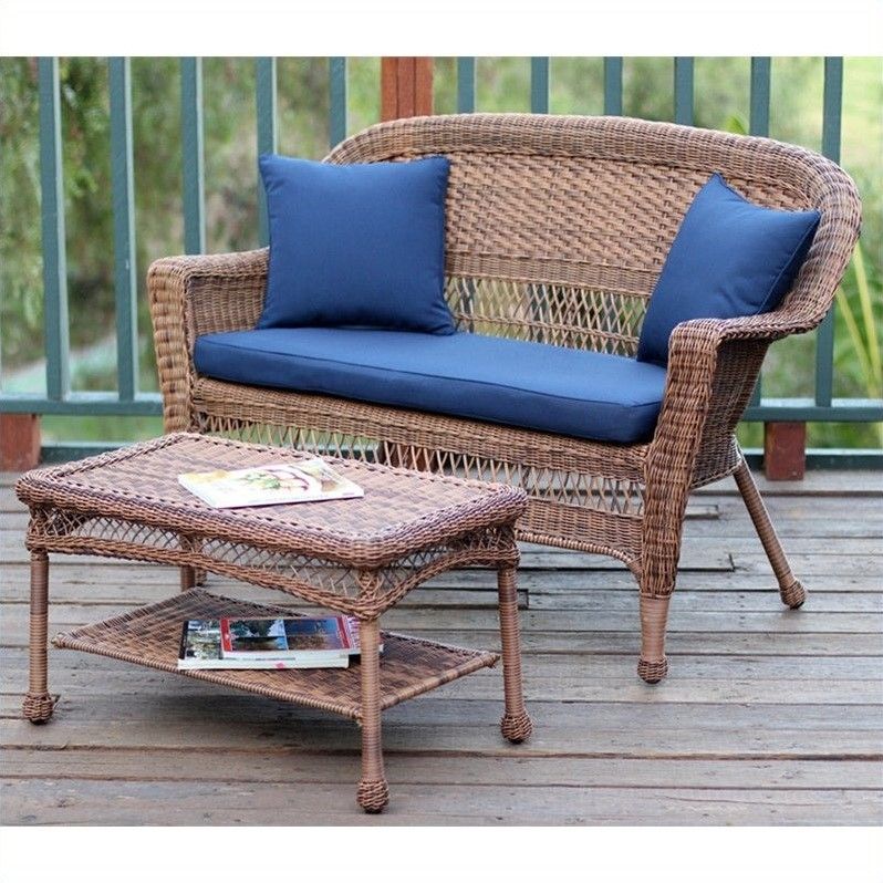Jeco Wicker Patio Love Seat And Coffee Table Set In Honey Intended For Black And Tan Rattan Coffee Tables (View 7 of 15)