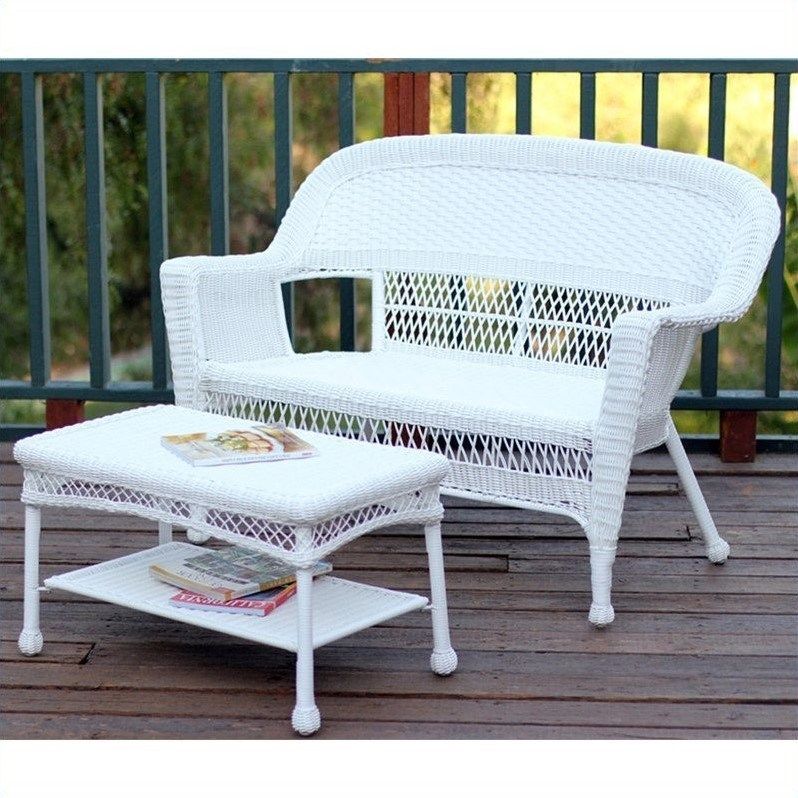Jeco Wicker Patio Love Seat And Coffee Table Set In White Within Black And Tan Rattan Coffee Tables (View 12 of 15)