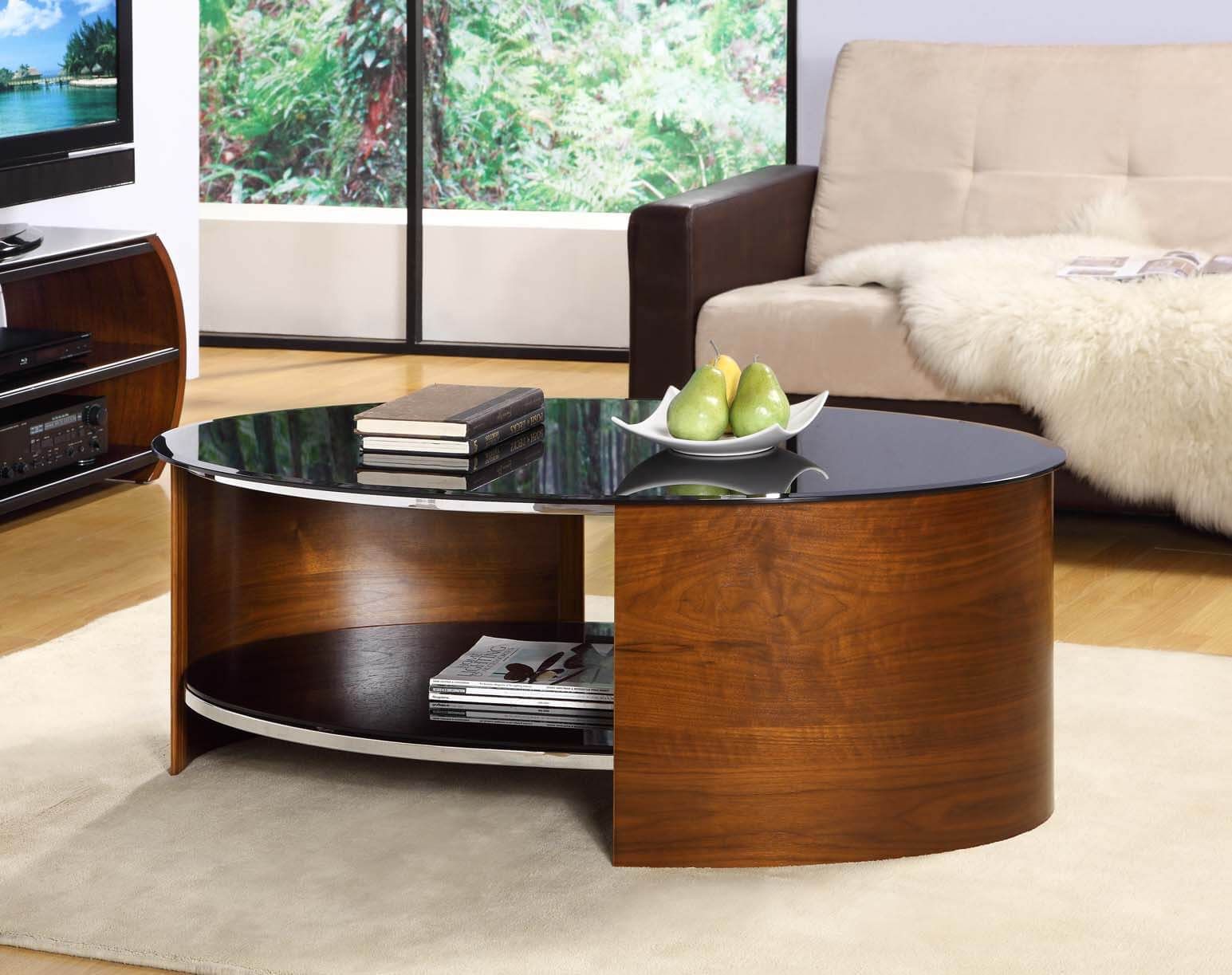 Jual Curve Walnut & Black Glass Coffee Table | Coffee With Regard To Geometric Glass Modern Coffee Tables (View 10 of 15)