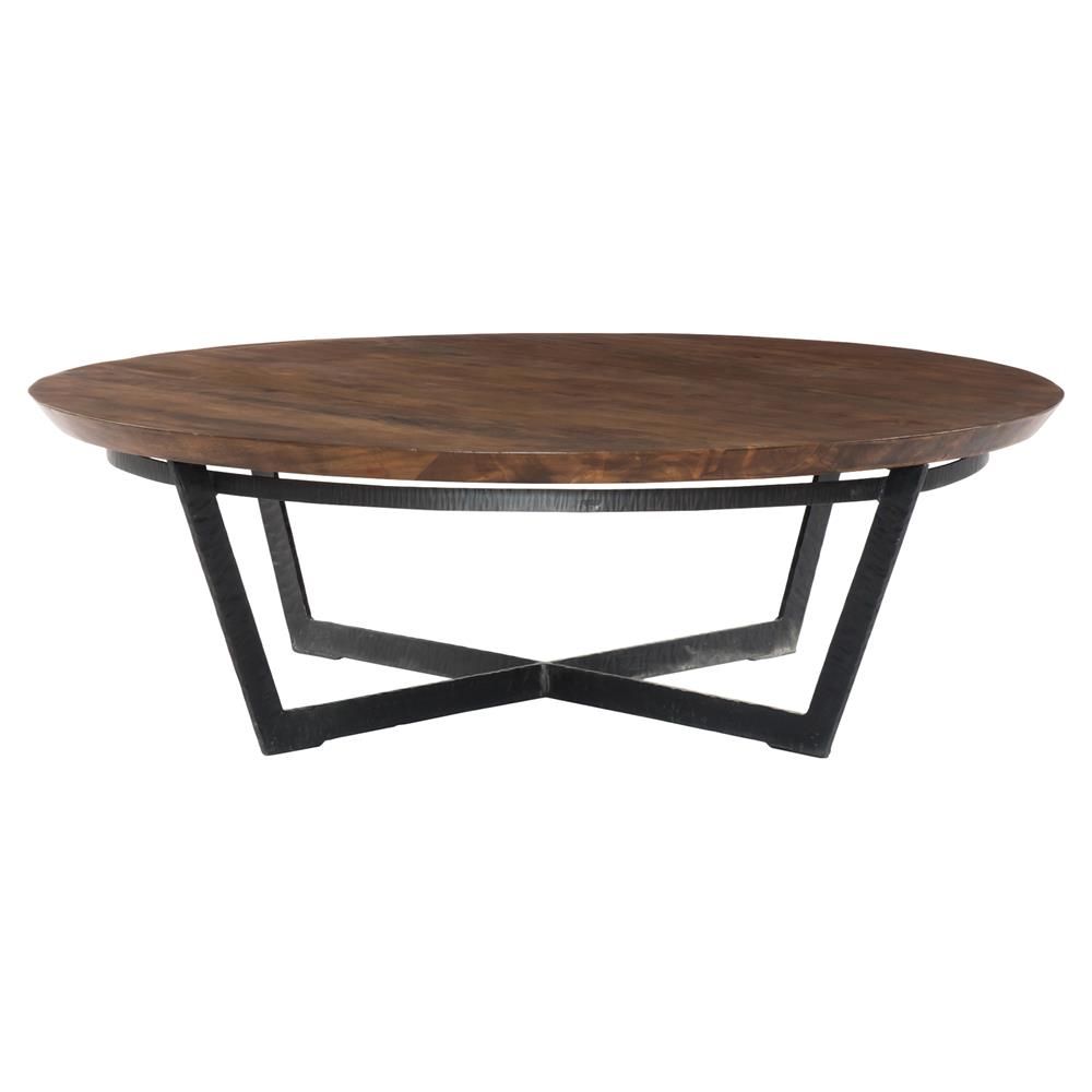 Kiel Modern Hammered Black Iron Frame Brown Round Wood Top For Aged Black Iron Coffee Tables (View 4 of 15)