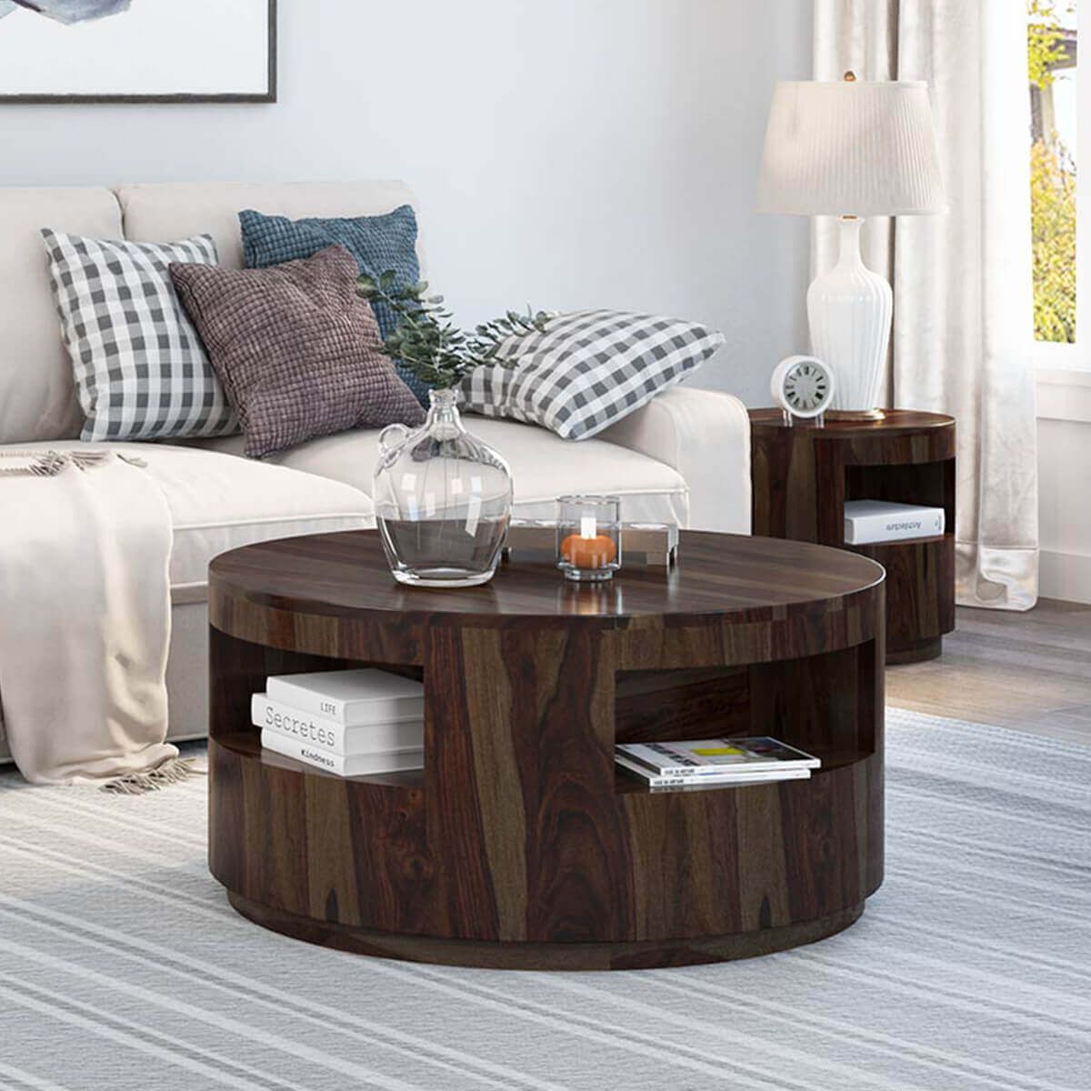 Ladonia Rustic Solid Wood Round Coffee Table With Shelves Within Wood Coffee Tables (Photo 11 of 15)