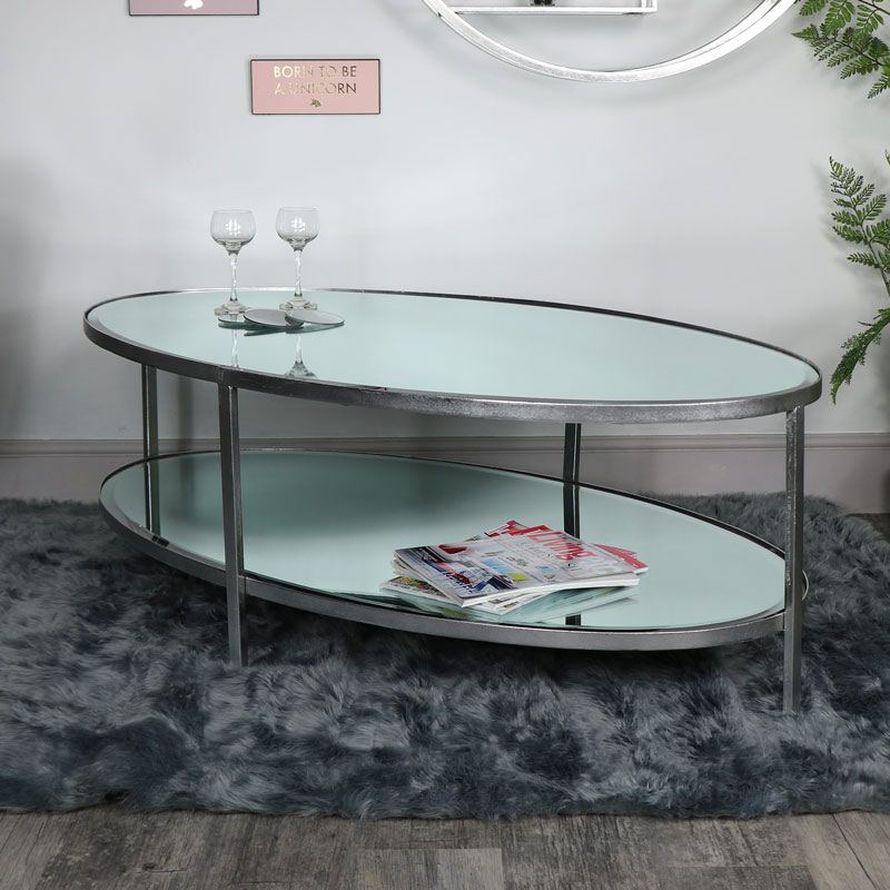 Large Antique Silver Oval Mirrored Coffee Table – Melody Throughout Antique Silver Metal Coffee Tables (Photo 8 of 15)