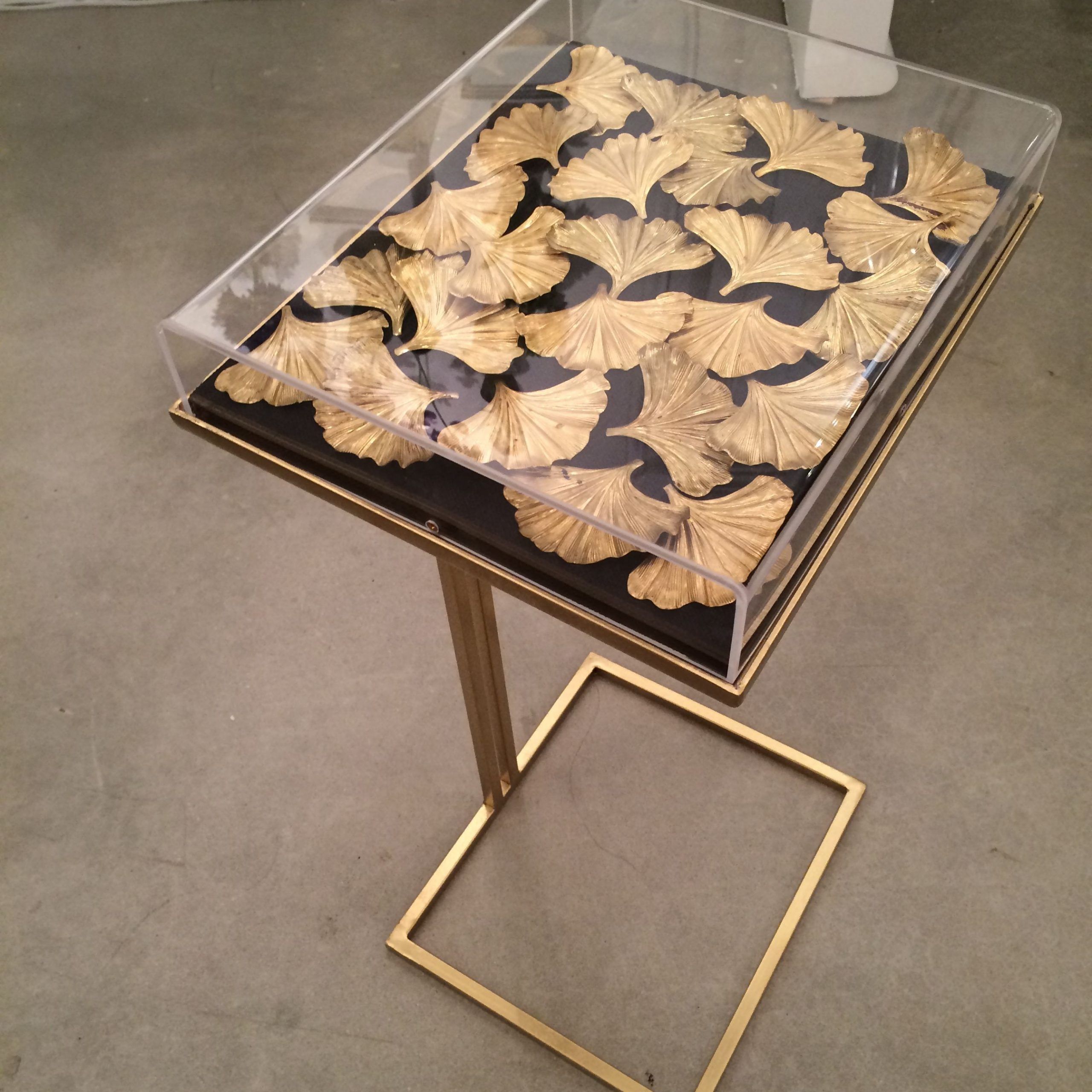 Large Gilded Gingko Cocktail Table With Black Linen And Inside Square Black And Brushed Gold Coffee Tables (View 14 of 15)