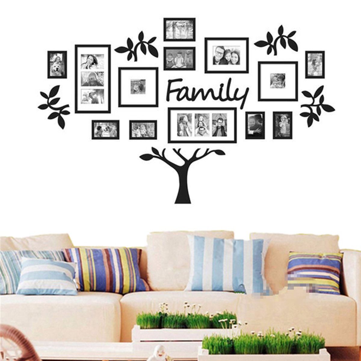 Large Size Family Paper Photo Frame Stickers Tree Picture With Stripes Wall Art (View 10 of 15)