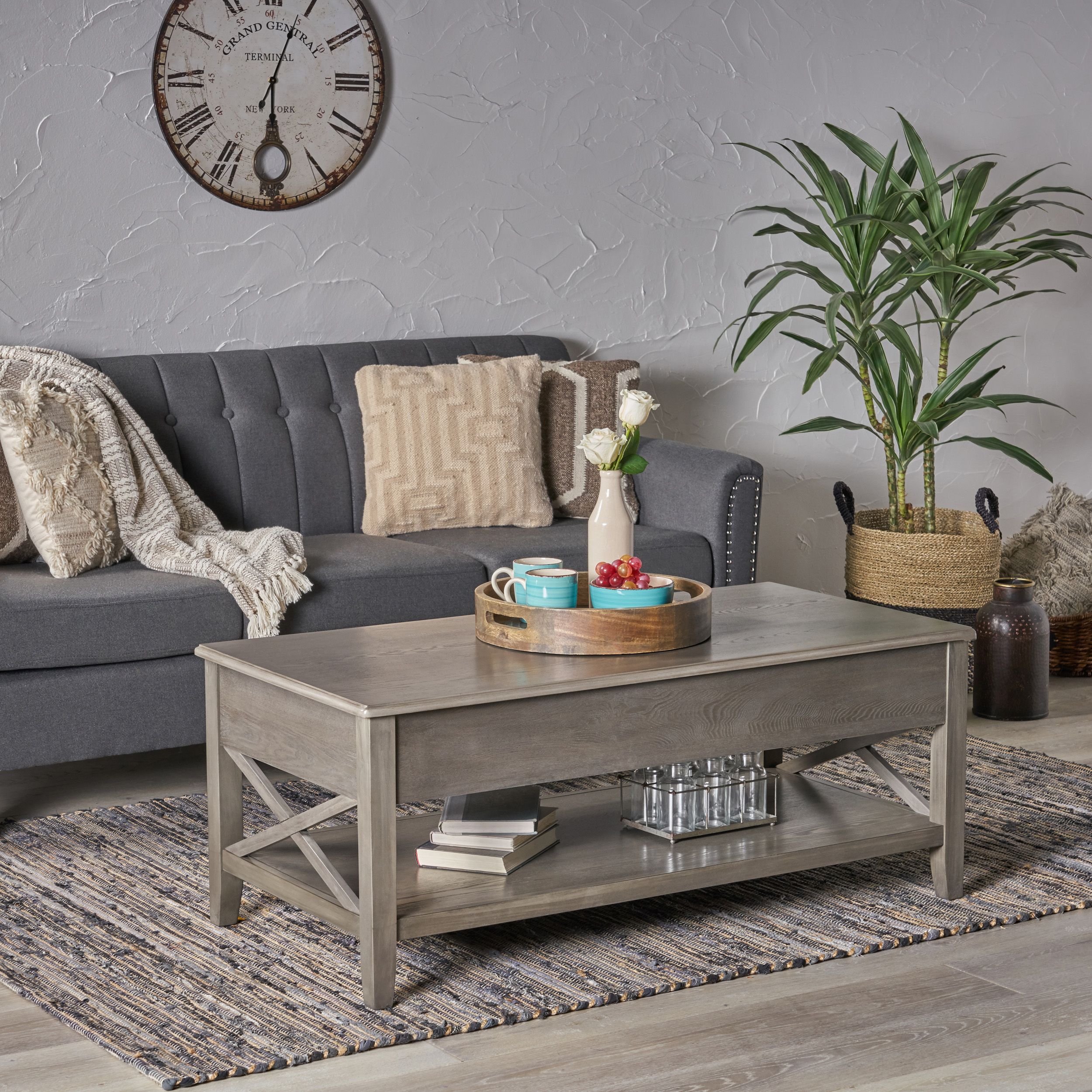Laurel Luke Farmhouse Faux Wood Lift Top Coffee Table Inside Gray Driftwood And Metal Coffee Tables (View 6 of 15)