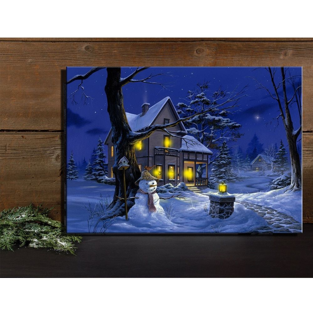 Led Canvas Art Illustrated Beautiful Cottages With Snowman With Regard To Night Wall Art (View 10 of 15)