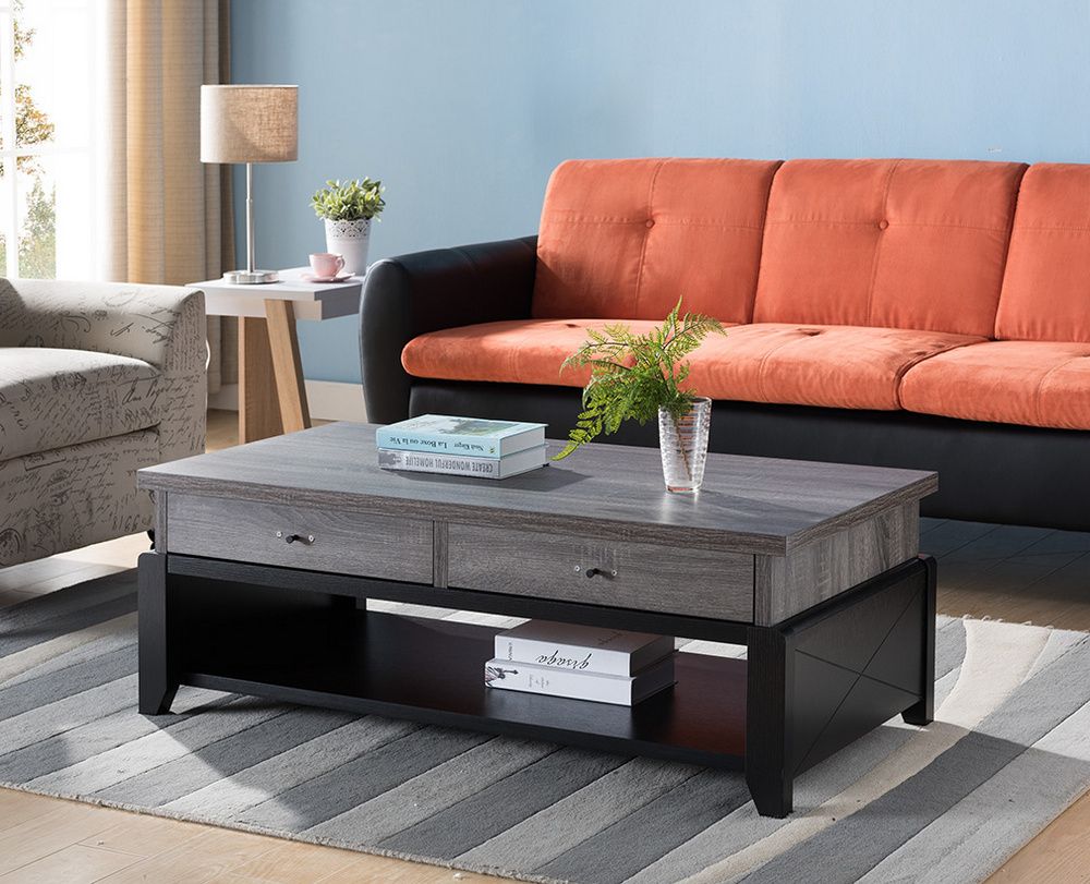 Liana Distressed Grey/black Wood 2 Drawer Coffee Table Within Smoke Gray Wood Coffee Tables (View 11 of 15)