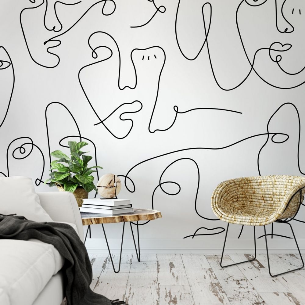 Line Art Faces Mural In Monochrome | I Love Wallpaper With Regard To Line Art Wall Art (Photo 2 of 15)