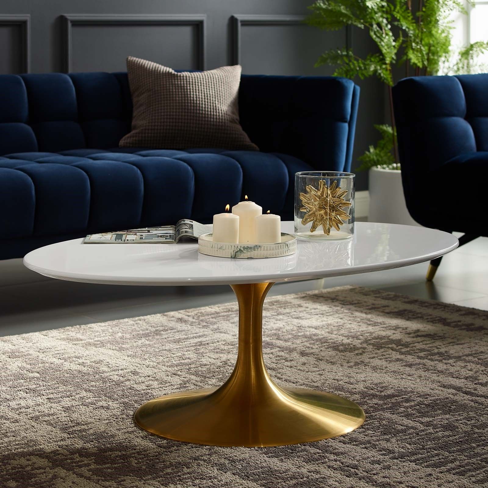 Lippa 42" Oval Shaped Wood Top Coffee Table In Gold White Inside Gold Coffee Tables (View 2 of 15)