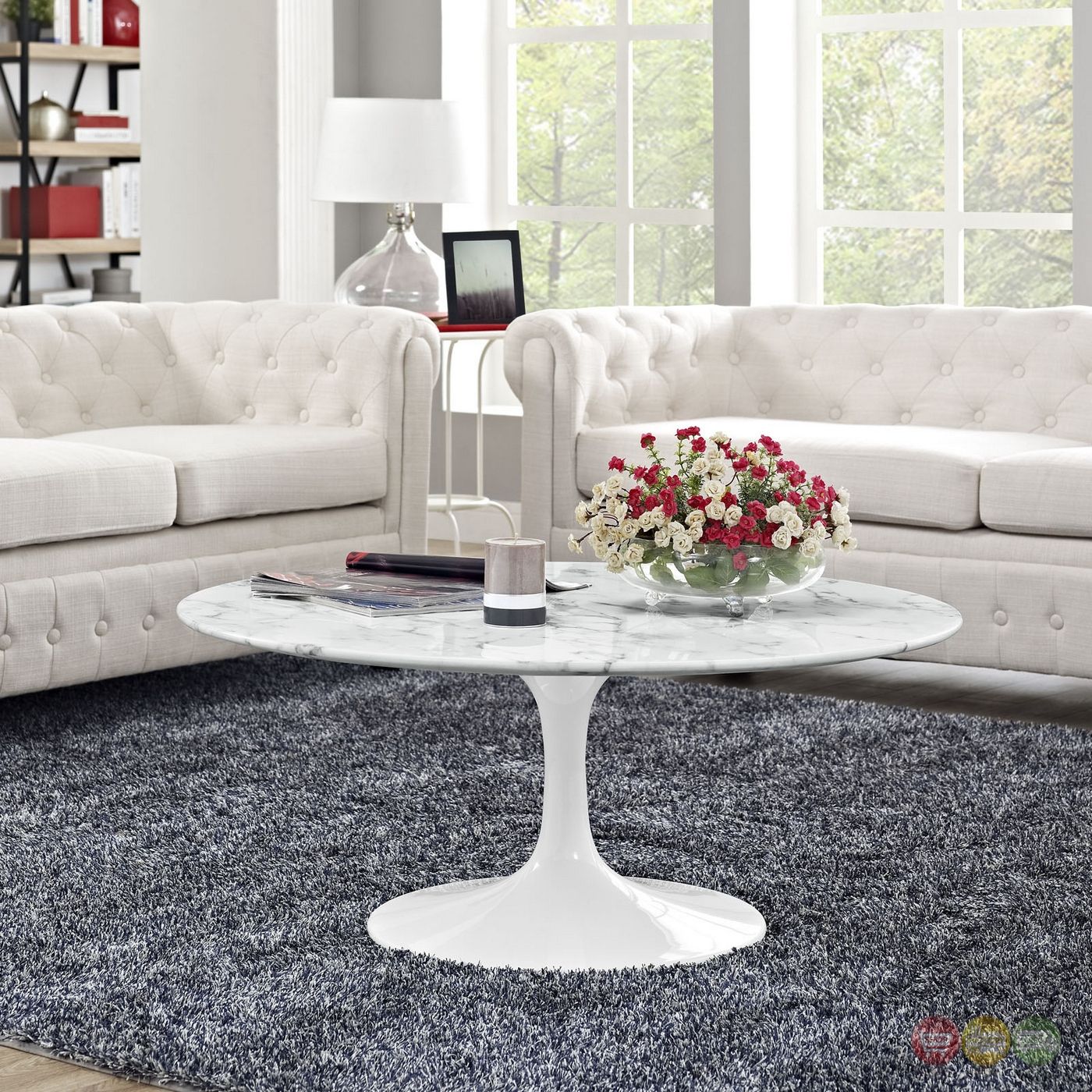 Lippa Modern 40" Faux Marble Coffee Table With Lacquered Inside Marble And White Coffee Tables (View 1 of 15)
