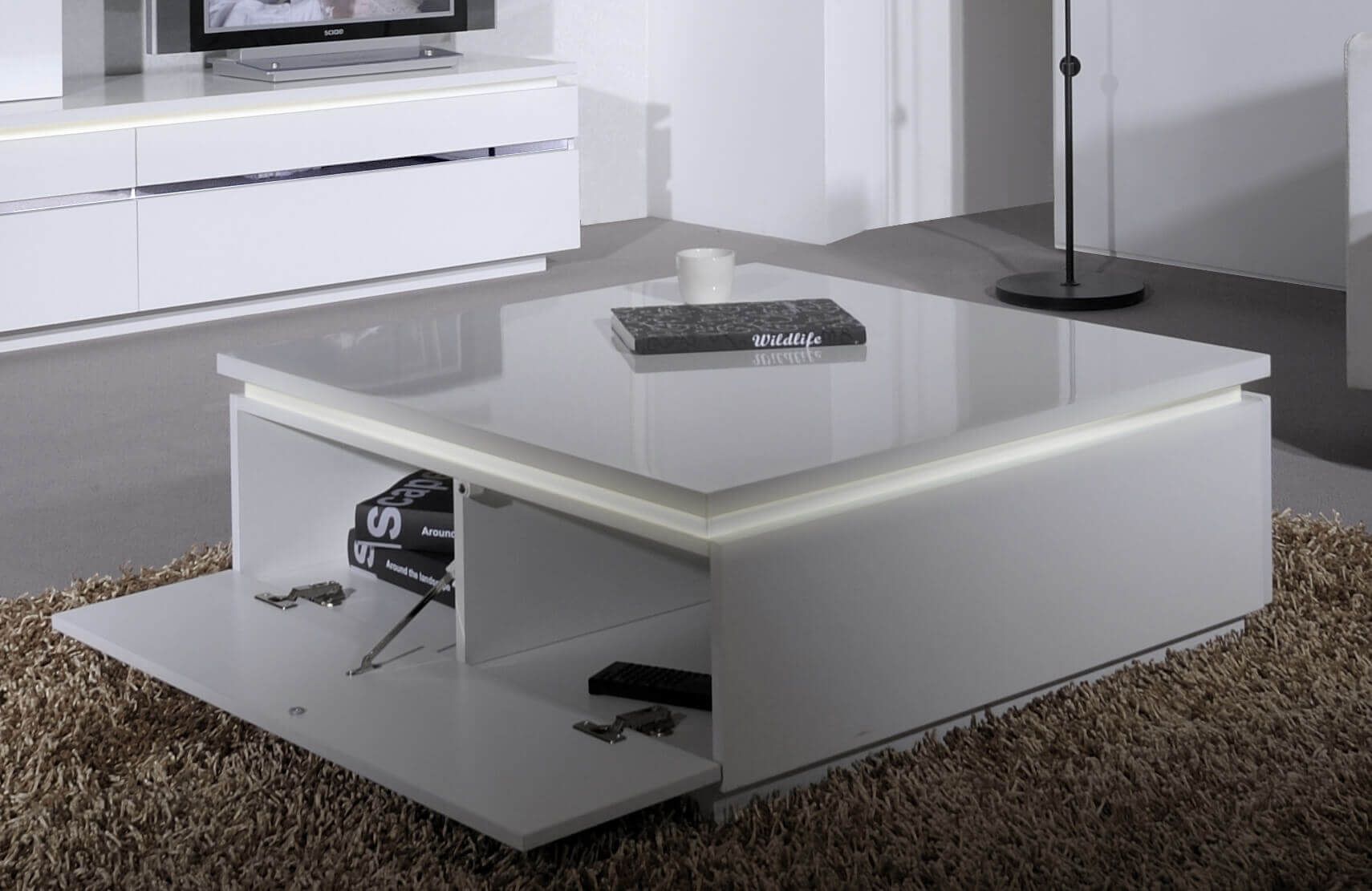 Logan White High Gloss Coffee Table With Storage & Lights Inside White Gloss And Maple Cream Coffee Tables (View 10 of 15)