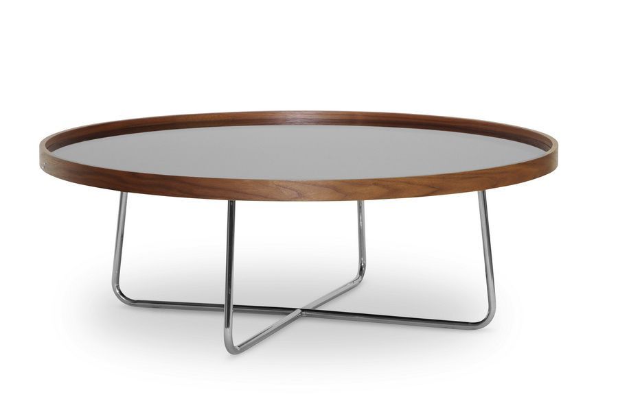 Lomax Round Walnut Modern Coffee Table With Black Glass With Regard To Black Round Glass Top Cocktail Tables (View 10 of 15)