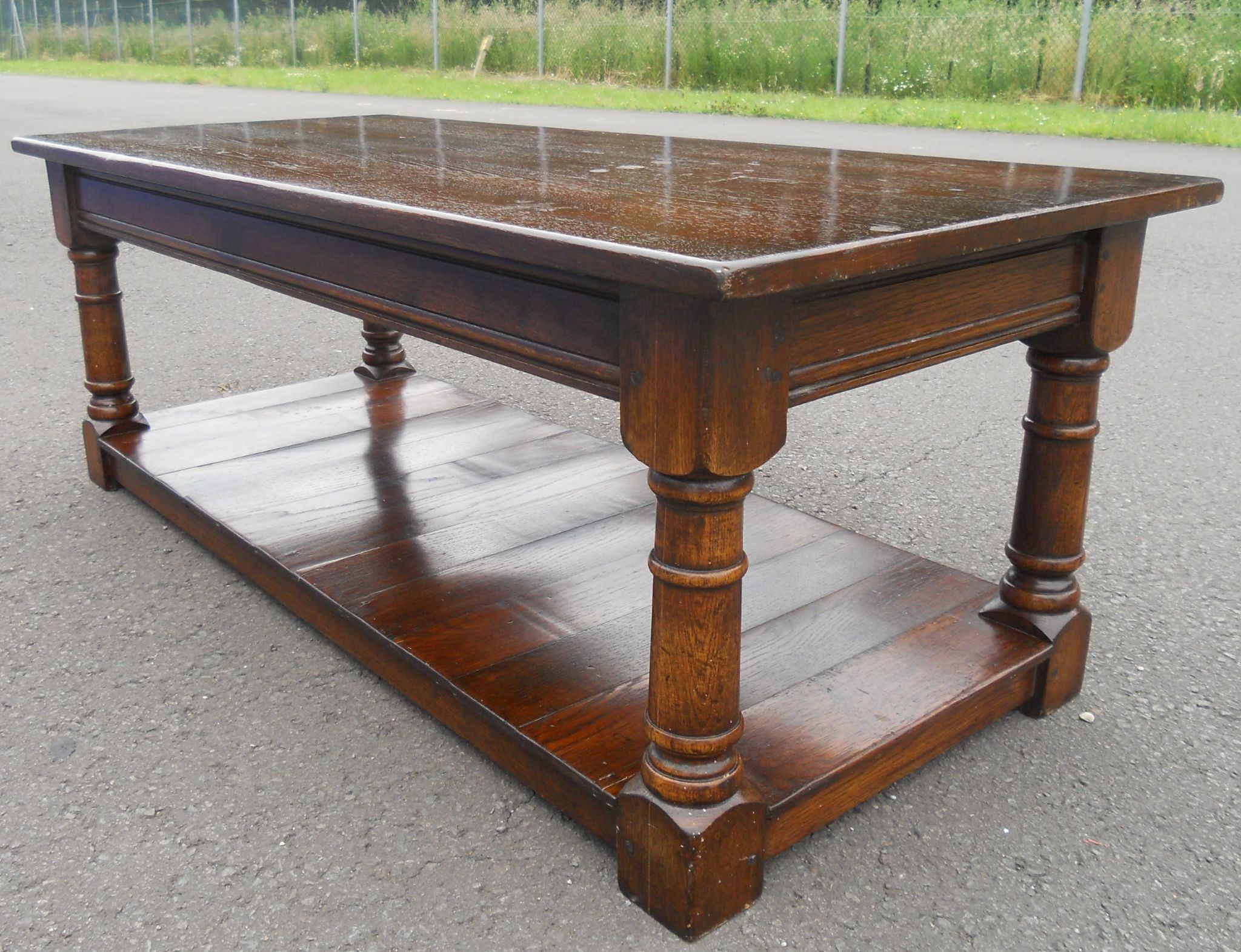 Long Antique Style Oak Coffee Table For Antique White Black Coffee Tables (View 9 of 15)