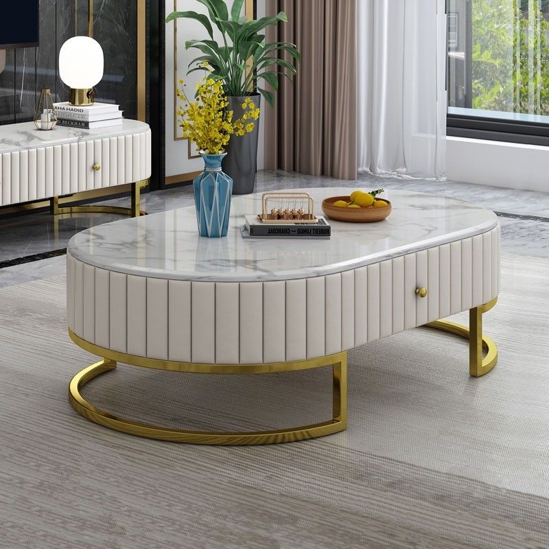 Luxury Modern 47" Oval Faux Marble Coffee Table Leather Intended For Black And Gold Coffee Tables (View 12 of 15)
