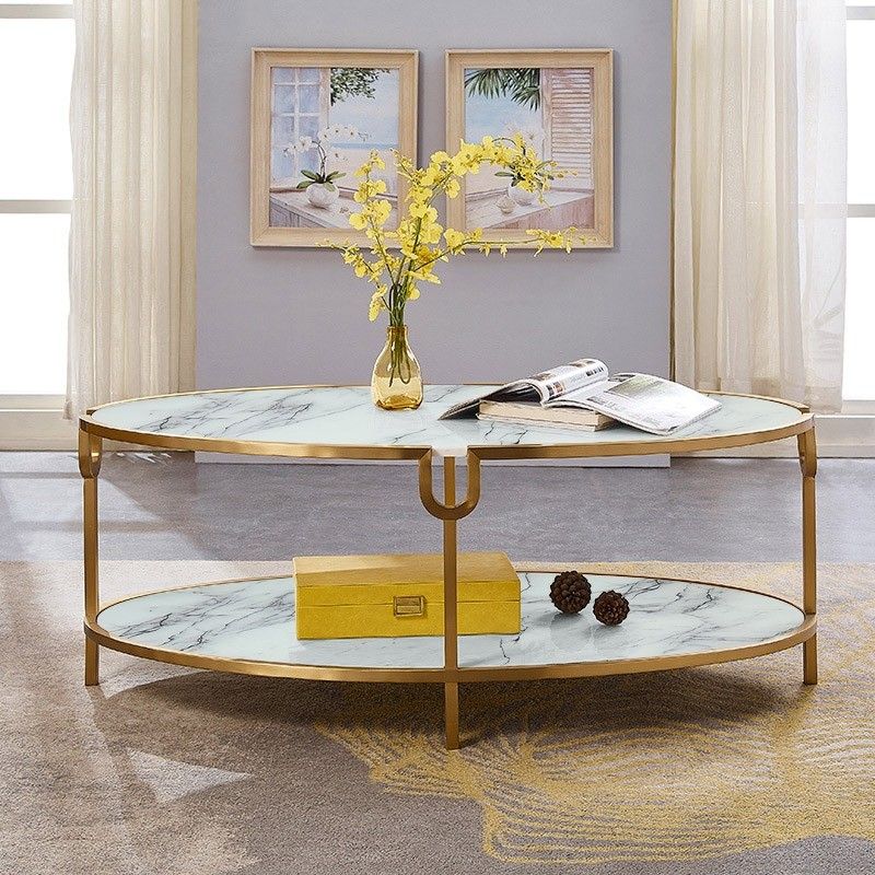 Luxury Modern Stylish Gold Glass Oval Coffee Table 2 Tier For Glass And Gold Coffee Tables (View 9 of 15)