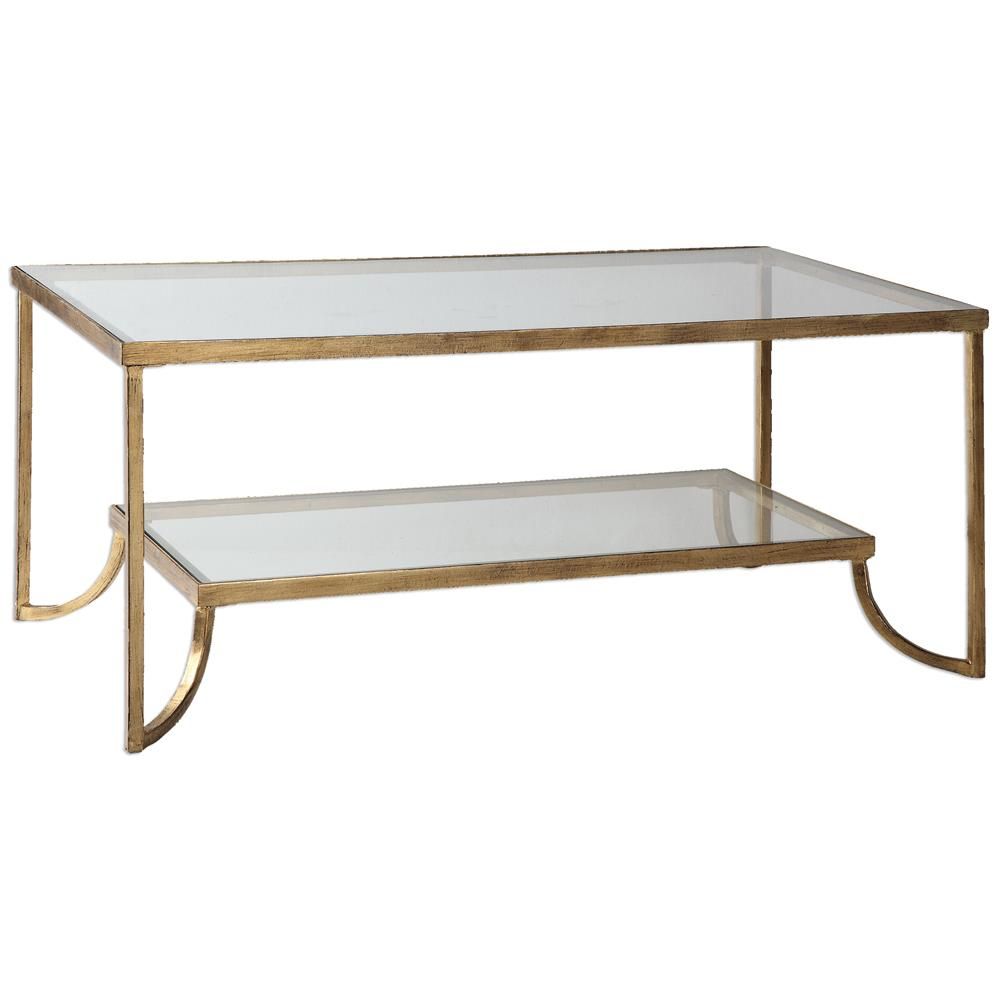Madox Modern Classic Antique Gold Leaf Glass Rectangular In Antique Gold And Glass Coffee Tables (Photo 14 of 15)