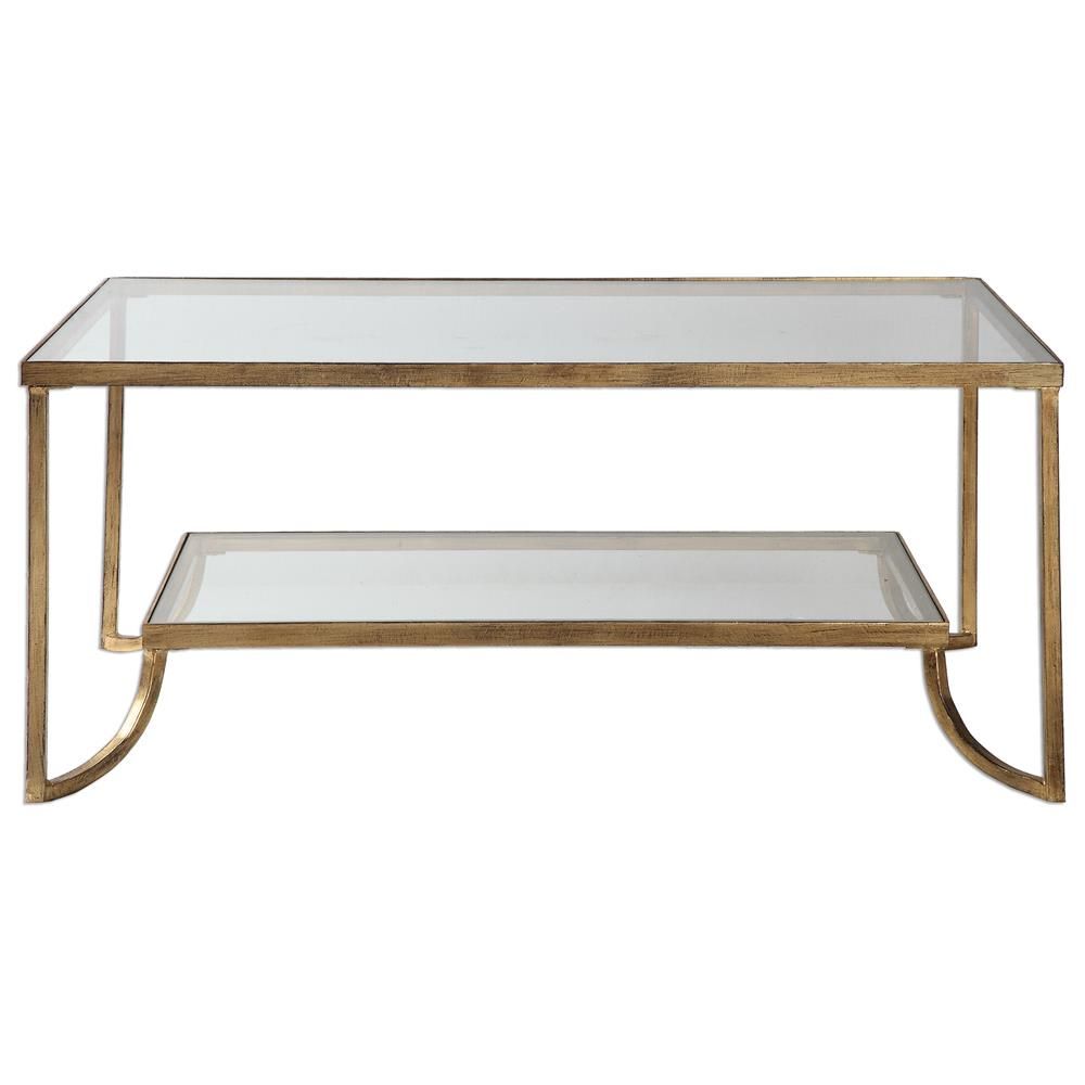 Madox Modern Classic Antique Gold Leaf Glass Rectangular Regarding Antique Gold Aluminum Coffee Tables (View 3 of 15)