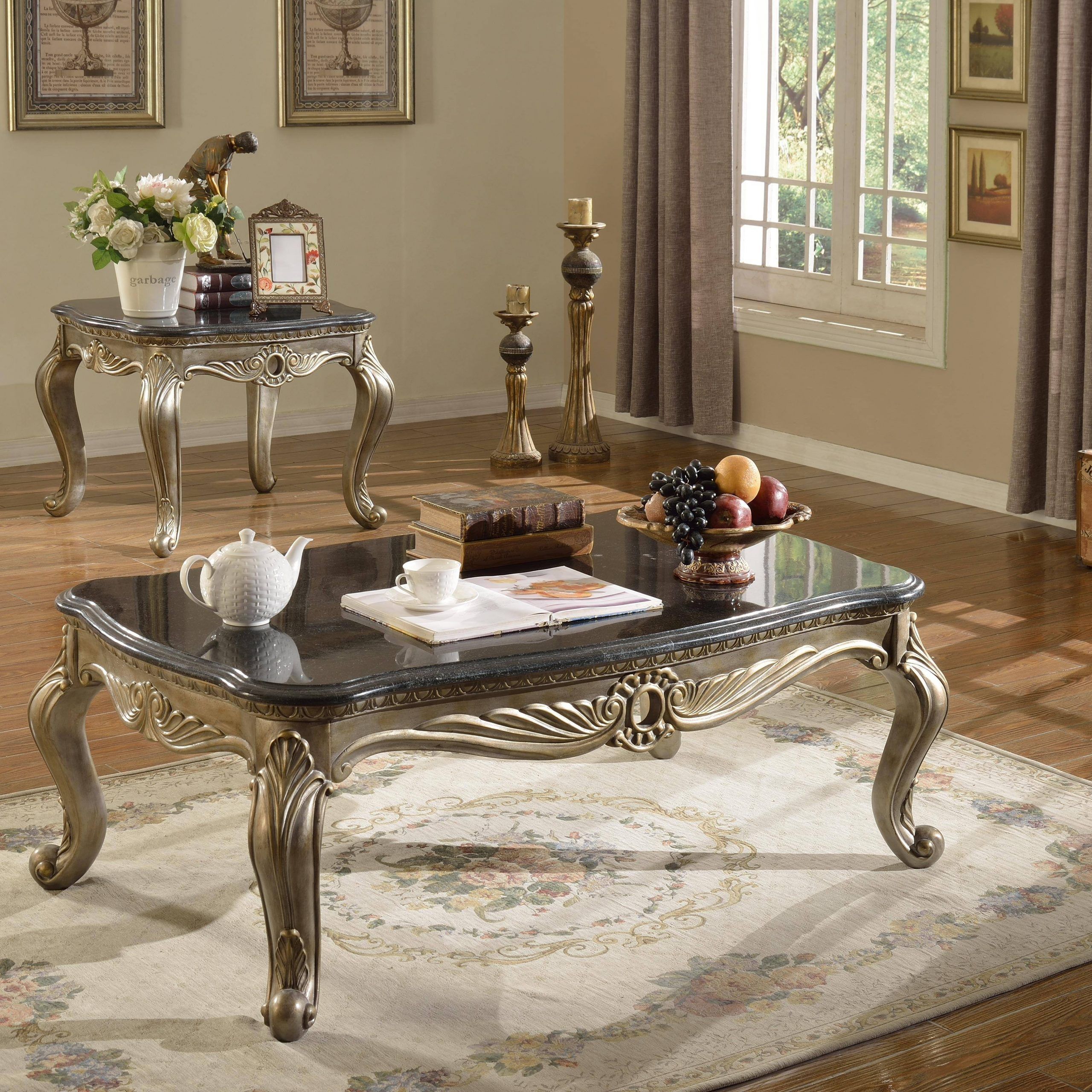 Meridian Roma Coffee Table Set 3pcs In Antique Silver Intended For Antique Silver Metal Coffee Tables (View 2 of 15)