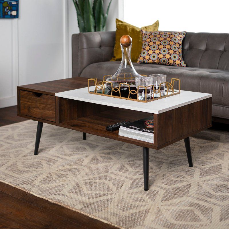 Mid Century Modern Faux Marble Coffee Table – Dark Walnut With Faux Marble Coffee Tables (View 6 of 15)