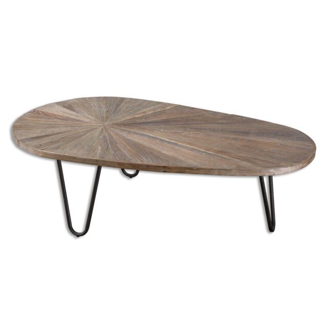Mid Century Modern Oval Recycled Wood Iron Coffee Table For Oval Aged Black Iron Coffee Tables (View 12 of 15)