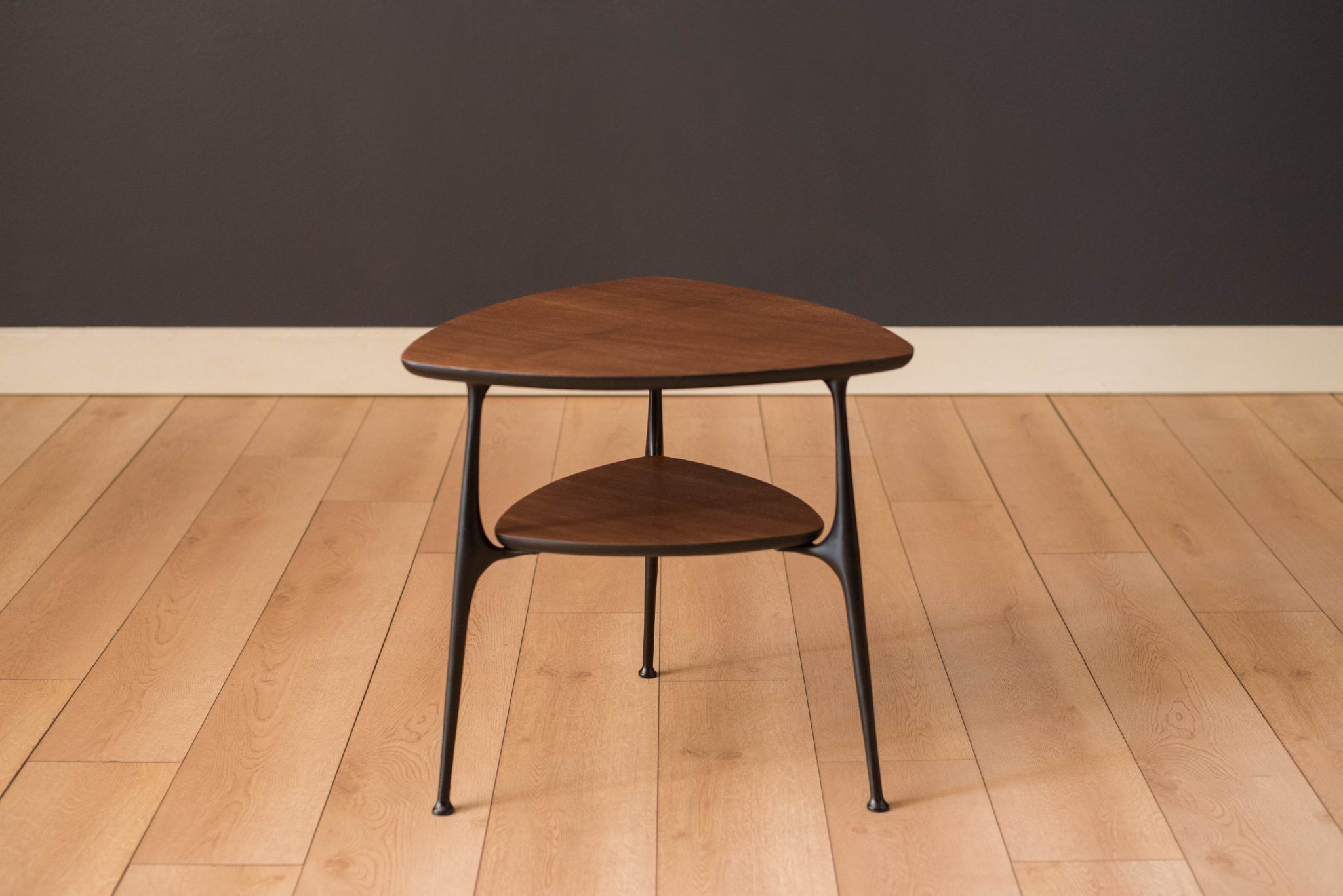Mid Century Modern Two Tier Triangle Black And Walnut End Regarding Pecan Brown Triangular Coffee Tables (View 3 of 15)