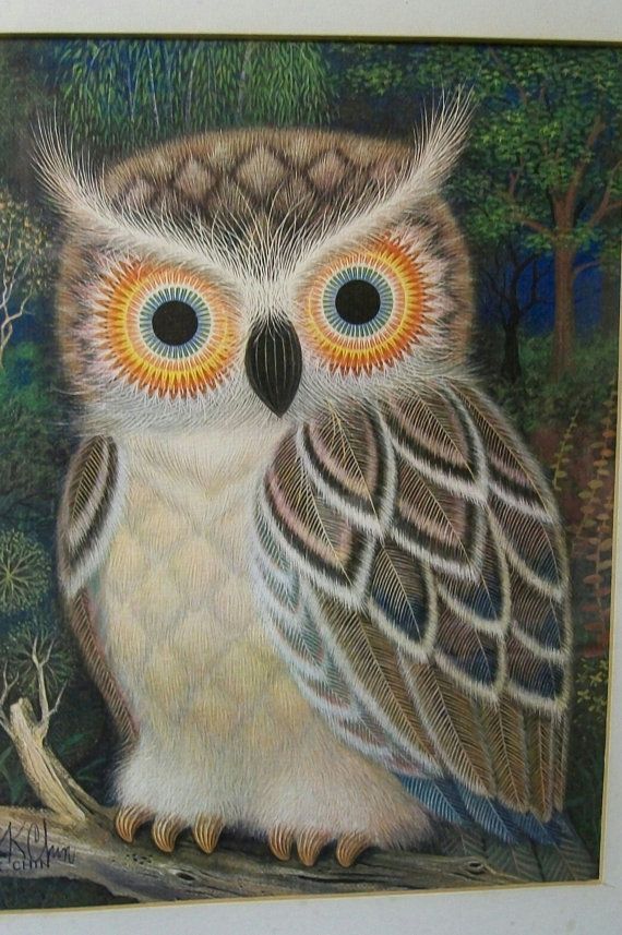 Mid Century Owl Picture Hand Signed K (View 9 of 15)