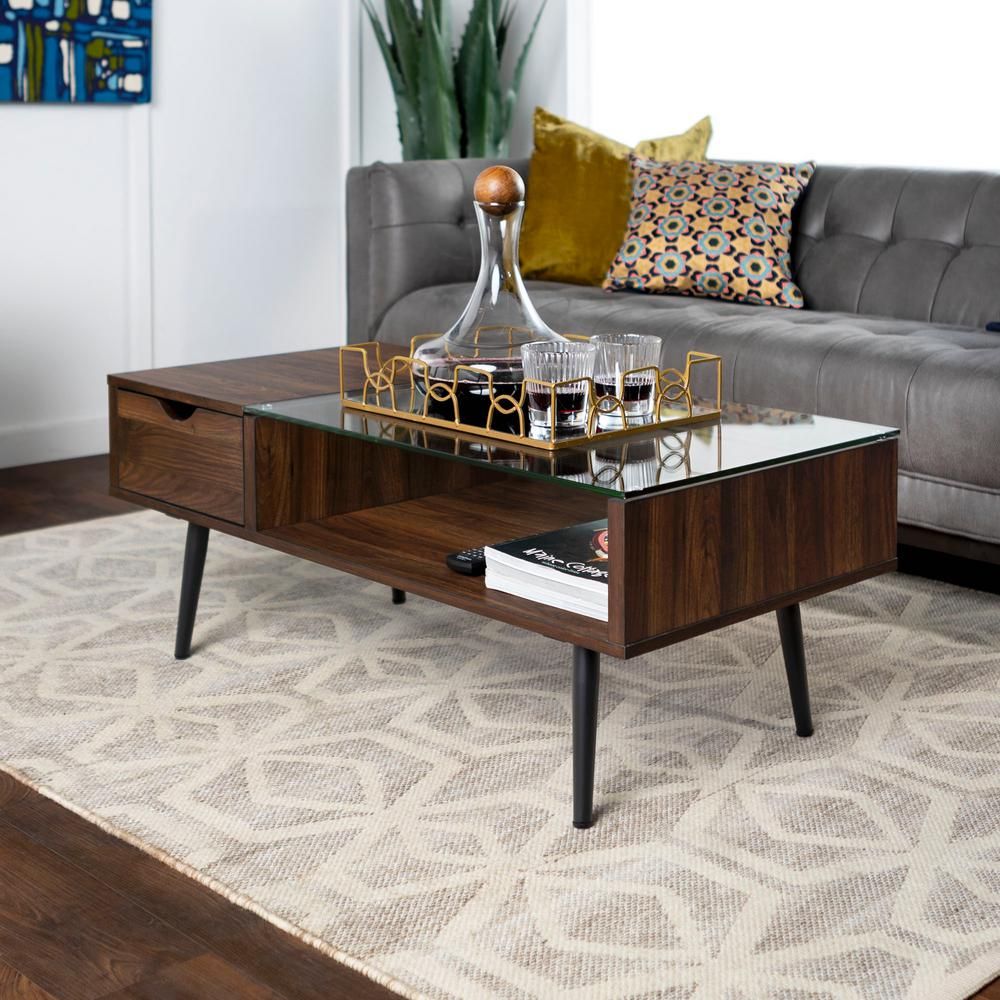 Mid Living Room Large Glass Coffee Table W Drawer Dark Regarding Hand Finished Walnut Coffee Tables (View 7 of 15)