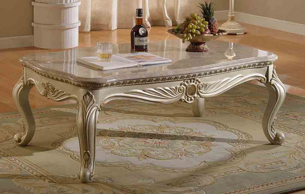 Miguel Marble Top Handcrafted Coffee Table W/pearl White Regarding Antique Blue Gold Coffee Tables (View 5 of 15)