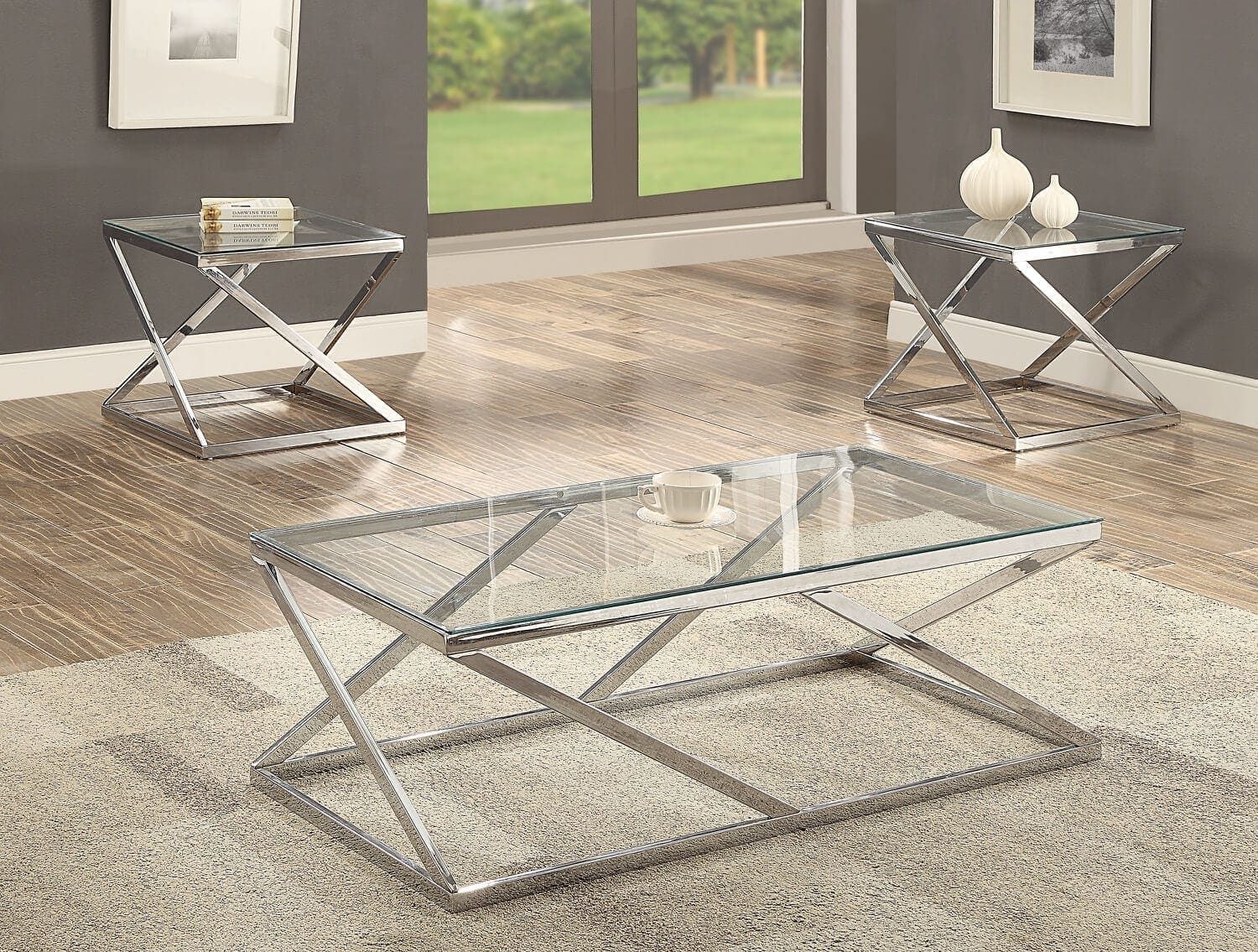 Modern 3 Pc Chrome & Glass Coffee Table Set – Omgaudy Throughout Chrome And Glass Modern Coffee Tables (View 4 of 15)