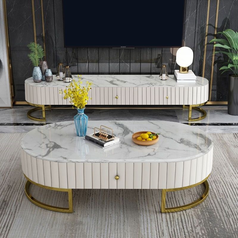 Modern 47" Oval Faux Marble Coffee Table Leather Coffee In Black Metal And Marble Coffee Tables (View 7 of 15)