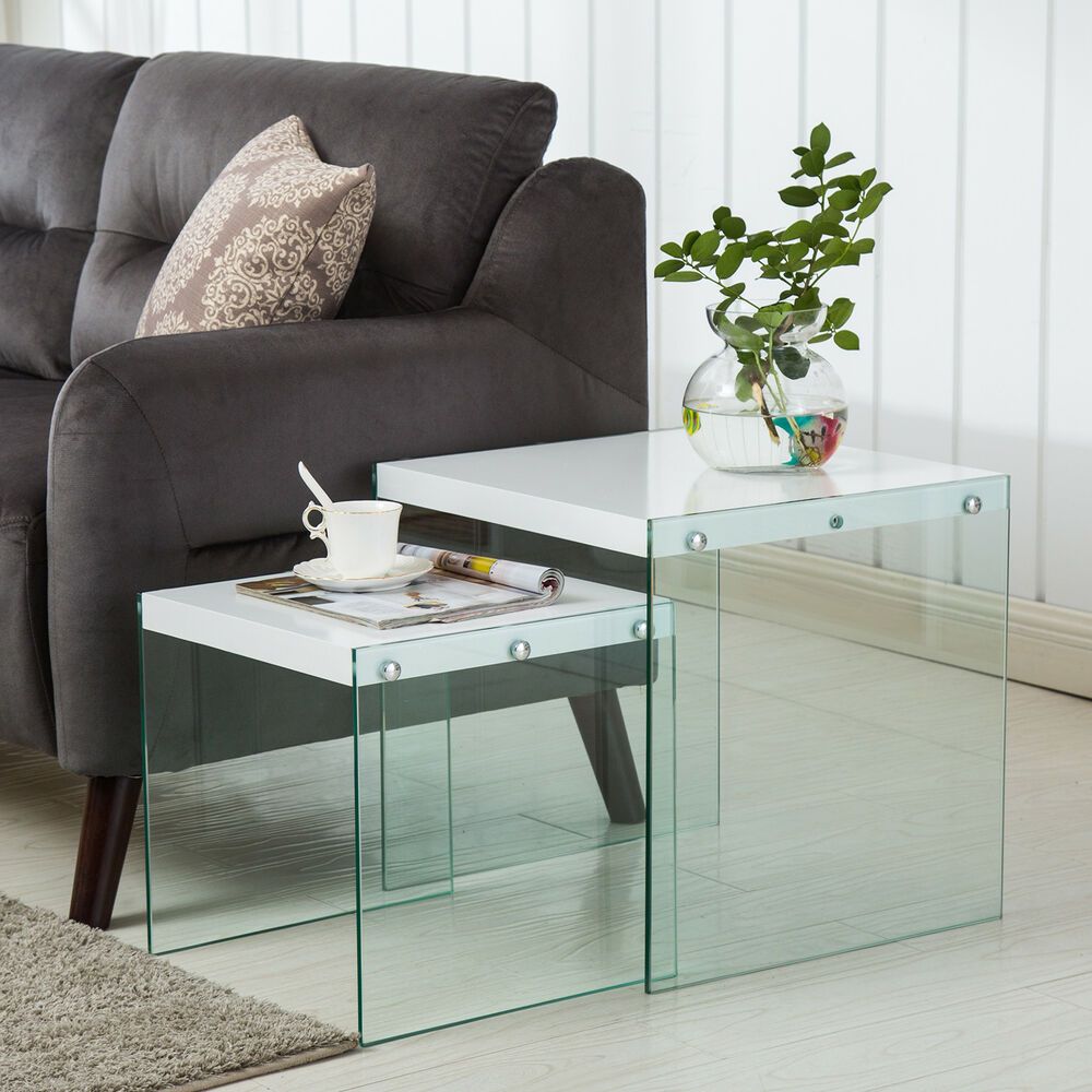 Modern Nest Of 2 High Gloss White Wood Glass Coffee Table In White Gloss And Maple Cream Coffee Tables (Photo 14 of 15)