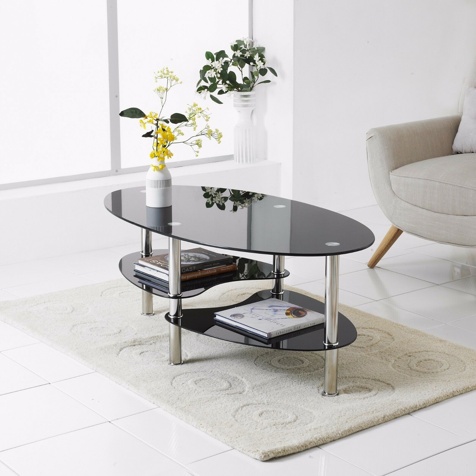 Modern Rectangle Oval Glass & Chrome Living Room Coffee Intended For Rectangular Glass Top Coffee Tables (Photo 7 of 15)