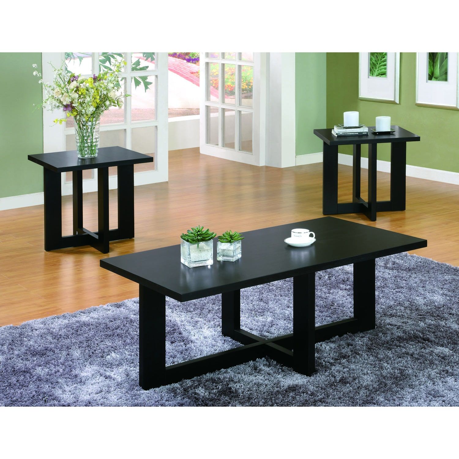 Monarch Specialties Inc Black Veneer Coffee Table And End Pertaining To 3 Piece Coffee Tables (View 4 of 15)
