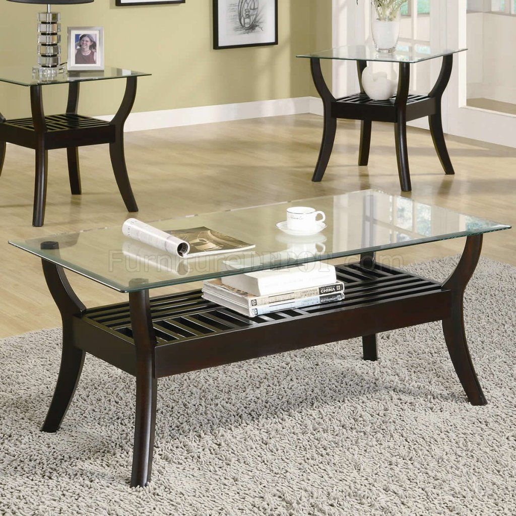 Nut Brown Finish Modern 3pc Coffee Table Set W/glass Top Intended For Pecan Brown Triangular Coffee Tables (View 13 of 15)
