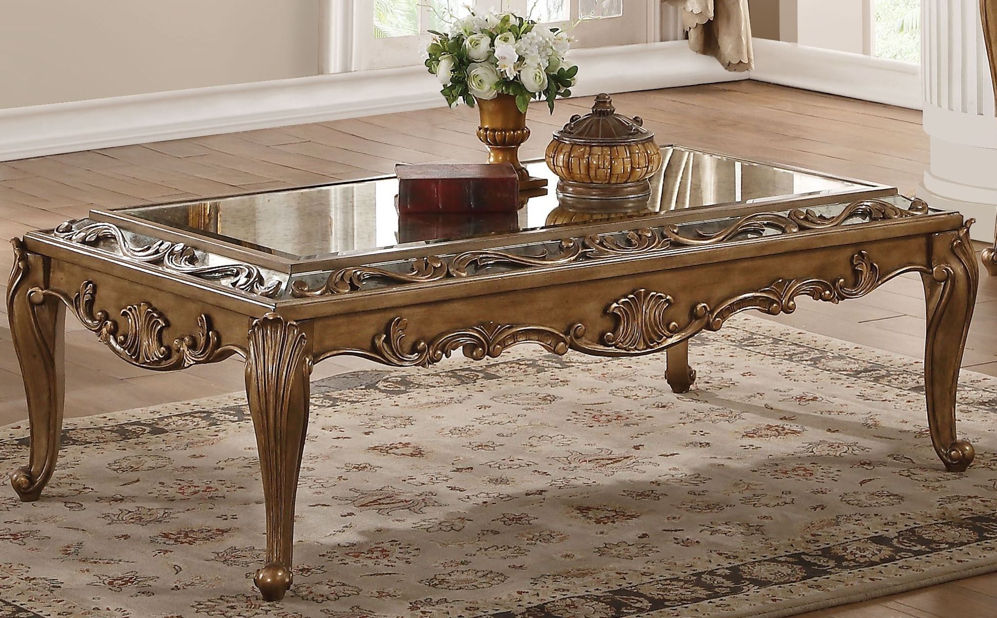 Orianne Mirrored And Antique Gold Coffee Table Pertaining To Antique Gold Aluminum Coffee Tables (View 5 of 15)