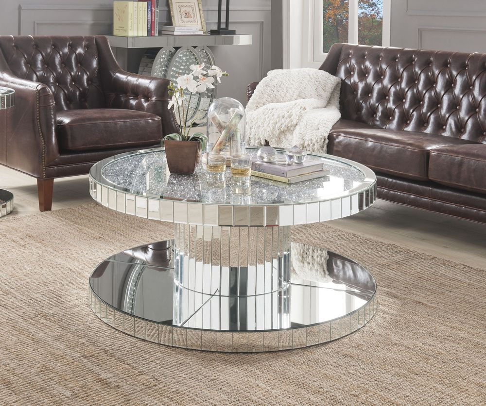 Ornat Mirror/glass Round Coffee Table With Faux Stonesacme With Silver Mirror And Chrome Coffee Tables (View 3 of 15)