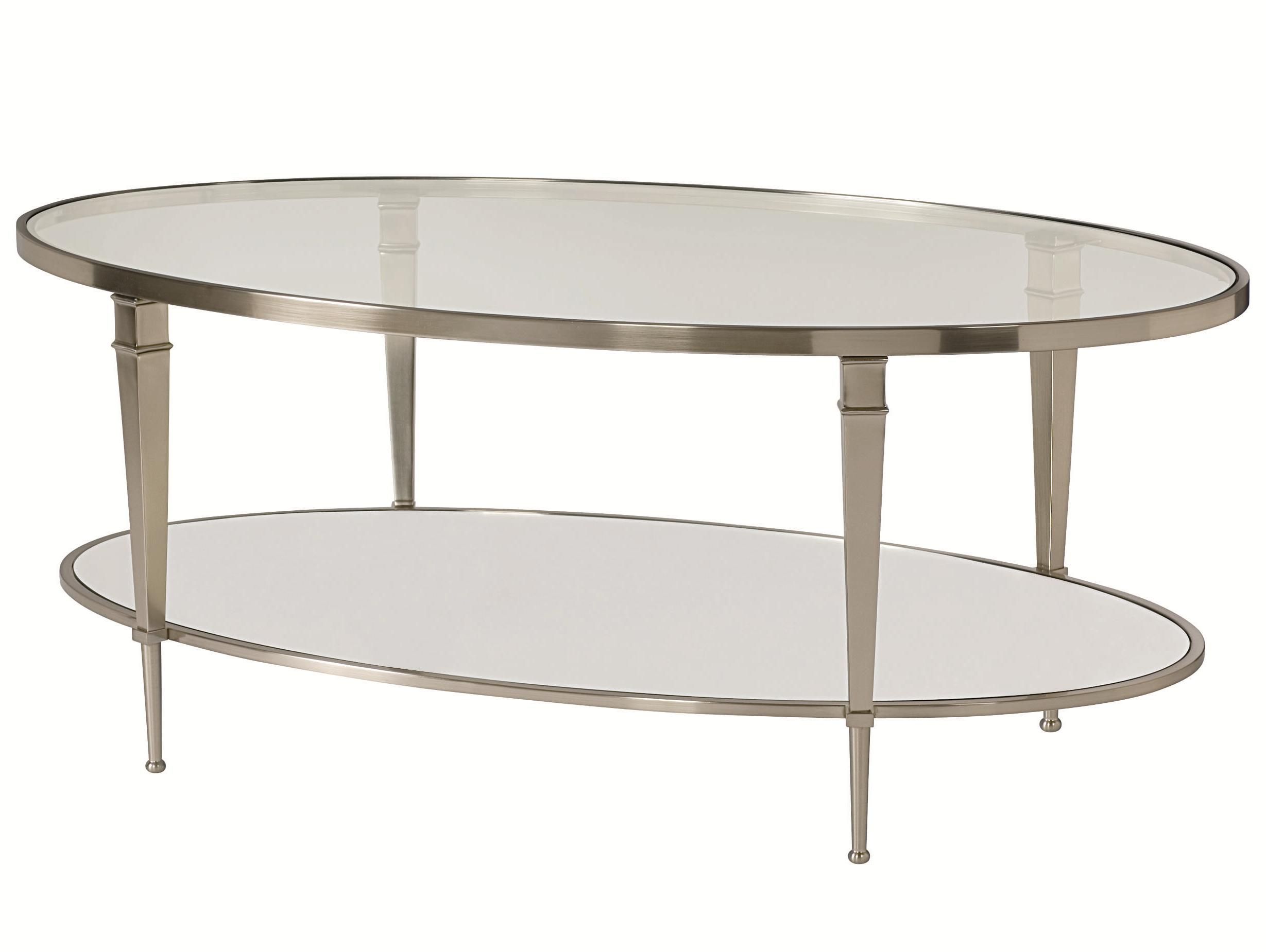 Oval Satin Nickel Antique Mirror Finish Cocktail Table Throughout Mirrored And Silver Cocktail Tables (View 13 of 15)