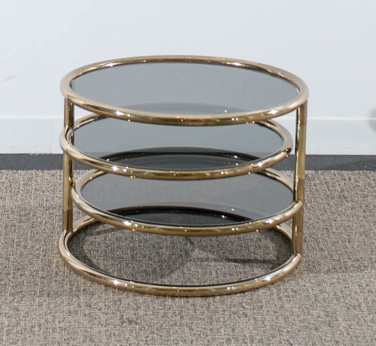 Pair Of Tubular Brass Three Tiered Tables With Smoke Glass Throughout Brass Smoked Glass Cocktail Tables (View 14 of 15)
