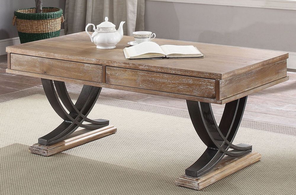 Pellio Antique Oak Wood/black Metal Coffee Table W/2 Pertaining To Metal And Mission Oak Coffee Tables (View 3 of 15)