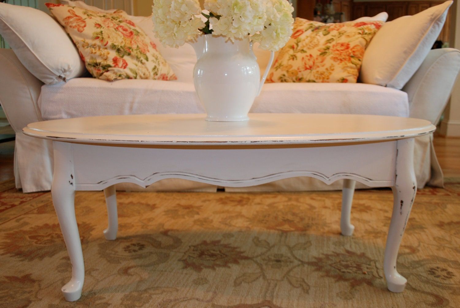 Queen Anne Style Antique White Distressed Coffee Table Regarding Antique White Black Coffee Tables (Photo 2 of 15)