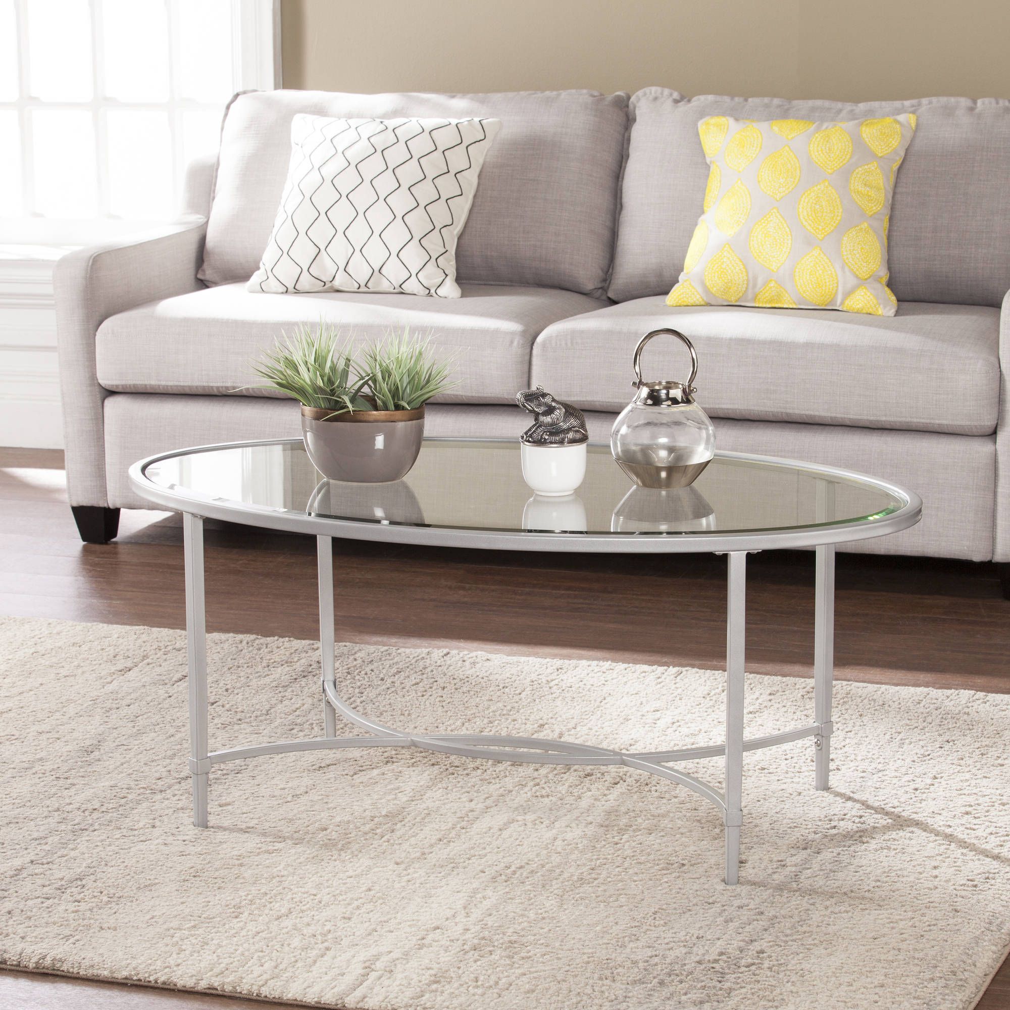 Quibilah Metal/glass Oval Coffee Table, Silver – Walmart With Metallic Silver Cocktail Tables (View 8 of 15)