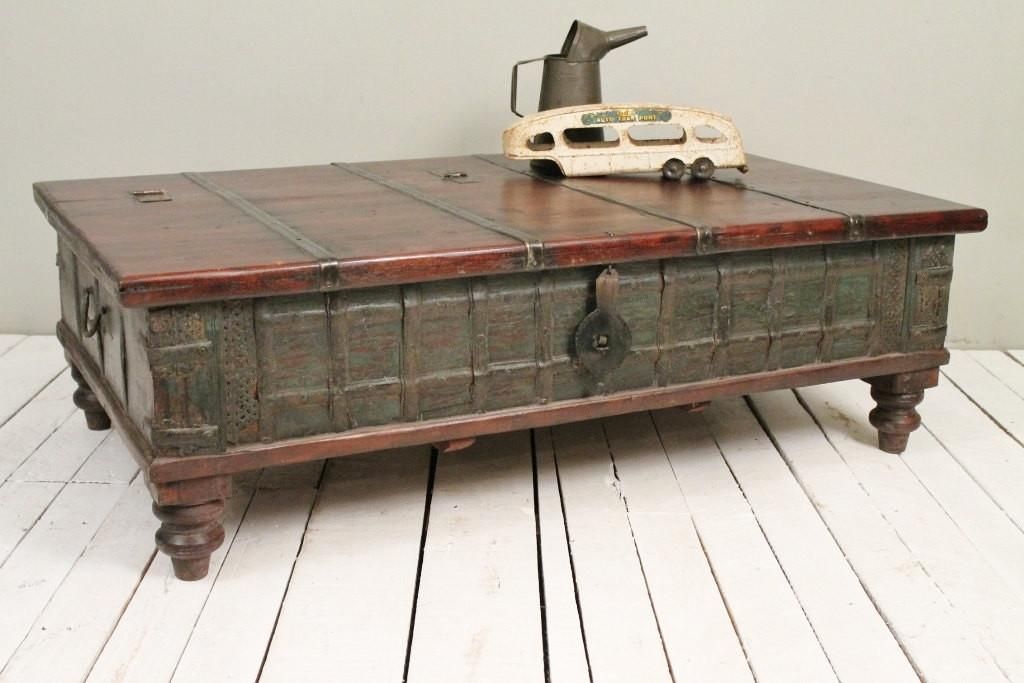 Reclaimed Trunk Coffee Table Antique Indian Olive Green For Antique Blue Wood And Gold Coffee Tables (View 11 of 15)
