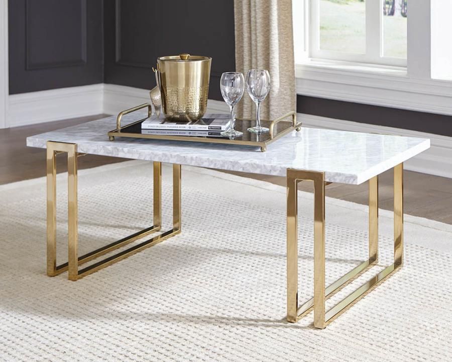 Rectangular Marble Top Coffee Table With Gold Leg Frame For Antiqued Gold Rectangular Coffee Tables (View 11 of 15)
