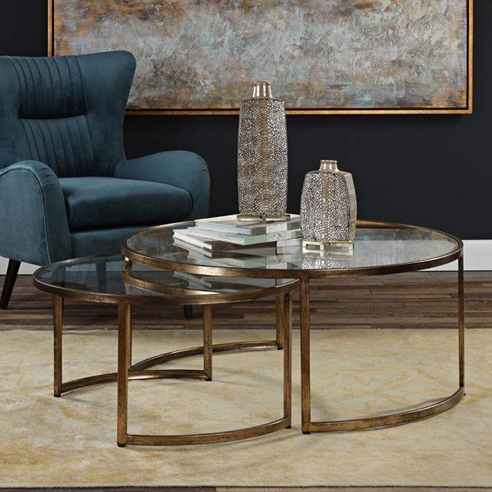 Rhea 42" Wide Gold Leaf And Glass Nesting Tables 2 Piece In 2 Piece Modern Nesting Coffee Tables (View 10 of 15)
