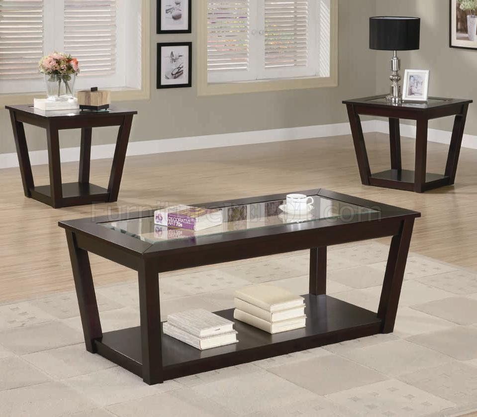 Rich Cappuccino Finish Modern 3pc Coffee Table Set W/glass Inside Espresso Wood And Glass Top Coffee Tables (View 7 of 15)